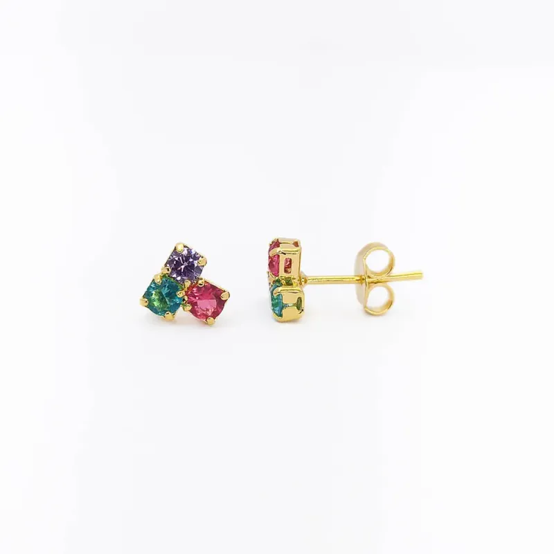 Brinco Trio de Zircônias Coloridas Banhado a Ouro 18k