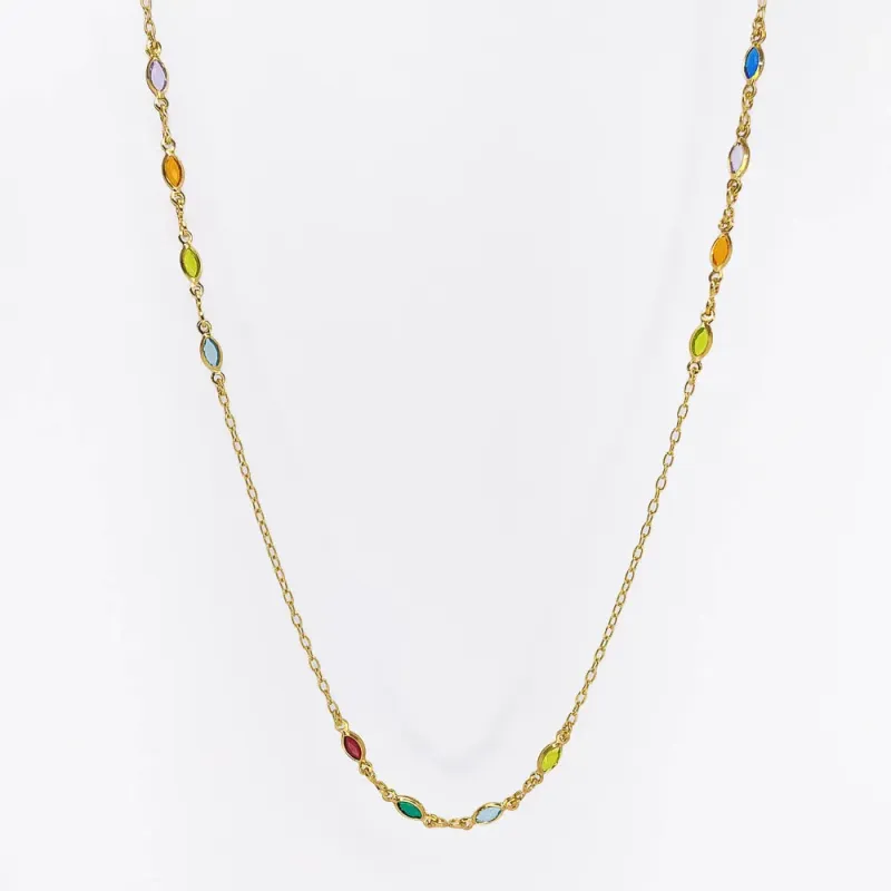 Colar Longo com Navetes Coloridos Banhado a Ouro 18k 70cm