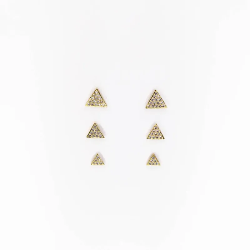 Trio de Brincos Triângulos Cravejados Banhados a Ouro 18k