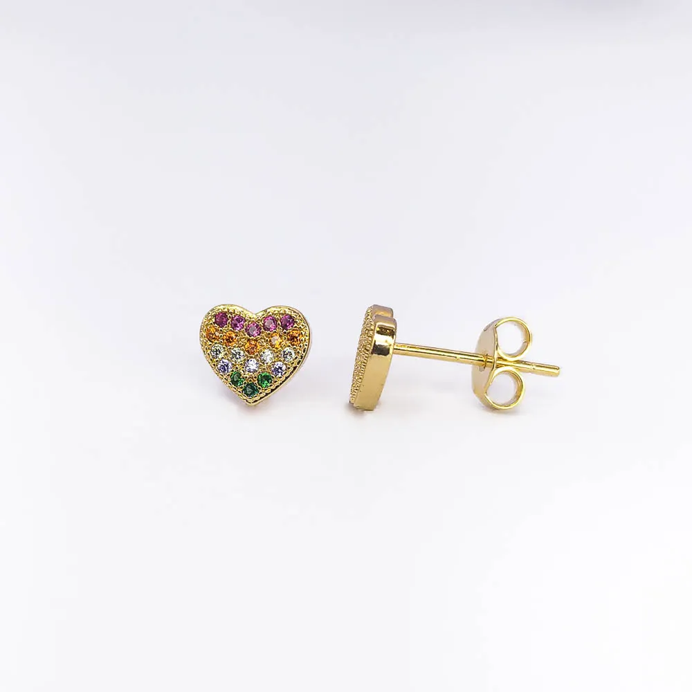 Brinco Coração Cravejado Zircônias Coloridas Banhado a Ouro 18k