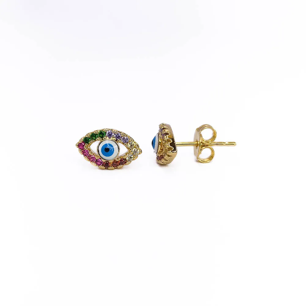 Brinco Olho Grego Zircônias Coloridas Banhado a Ouro 18k
