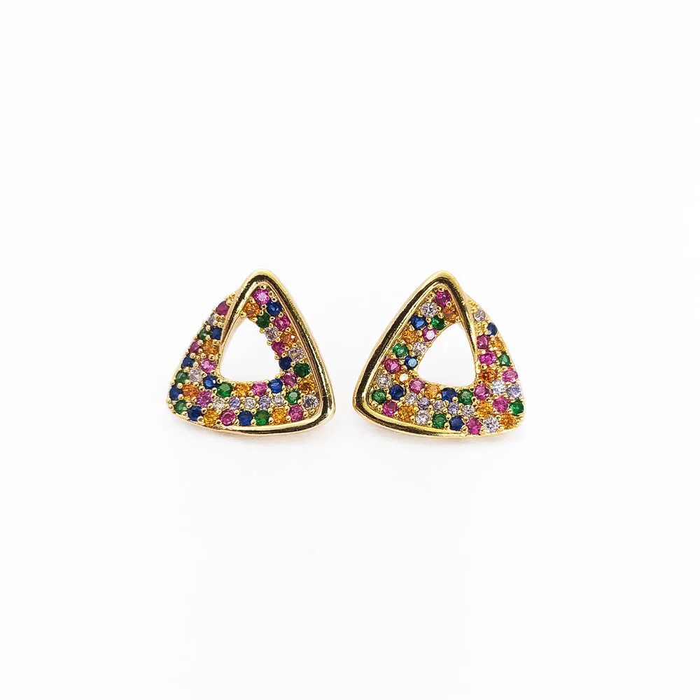Brinco Triangular Cravejado Zircônias Coloridas Banhado a Ouro 18k