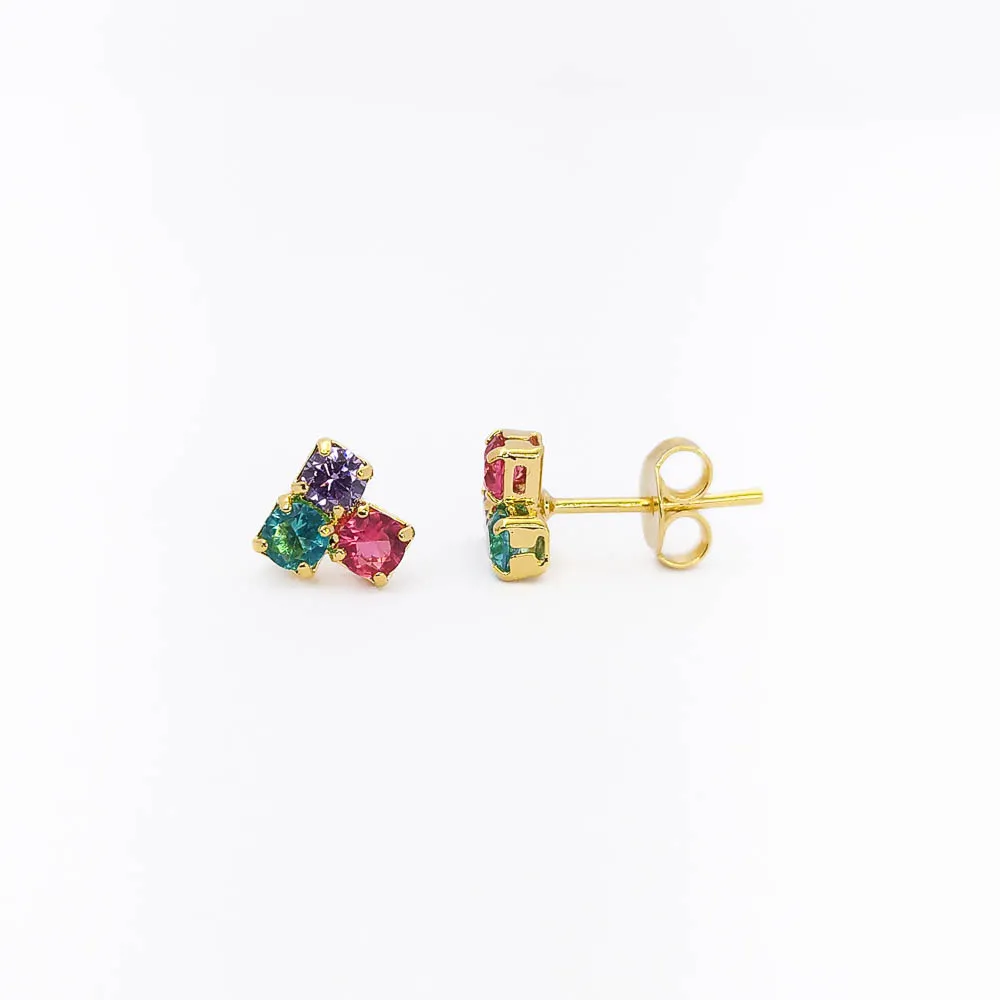 Brinco Trio de Zircônias Coloridas Banhado a Ouro 18k