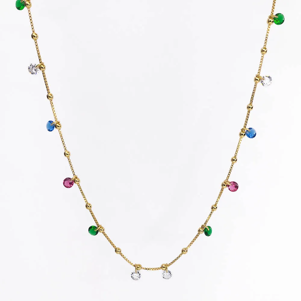 Colar Longo Bolinhas com Zircônias Coloridas Banhada a Ouro 18k 80cm
