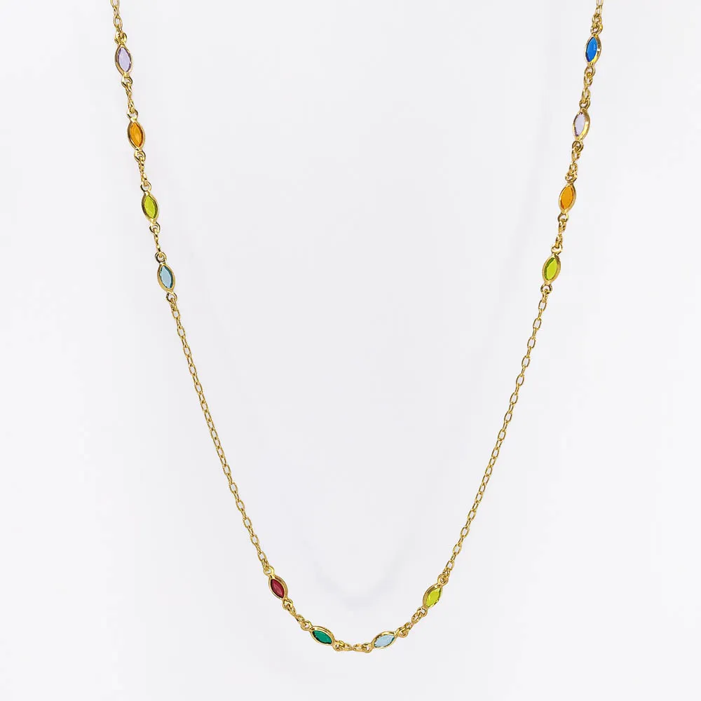 Colar Longo com Navetes Coloridos Banhado a Ouro 18k 70cm