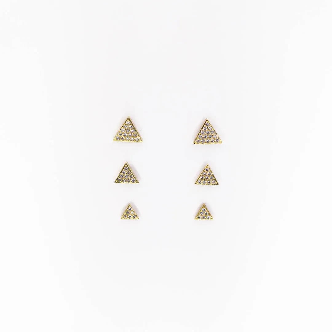 Trio de Brincos Triângulos Cravejados Banhados a Ouro 18k
