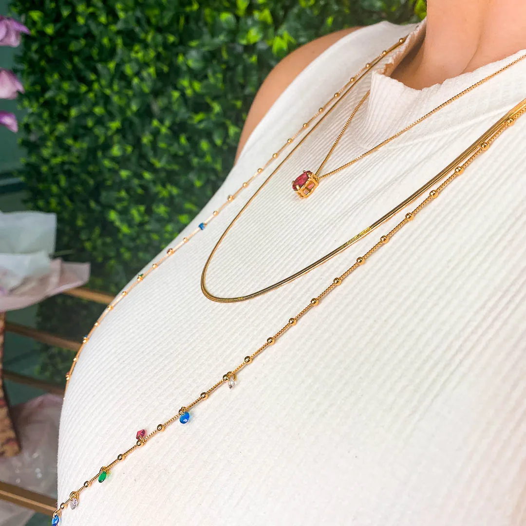 Colar Longo Bolinhas com Zircônias Coloridas Banhada a Ouro 18k 80cm