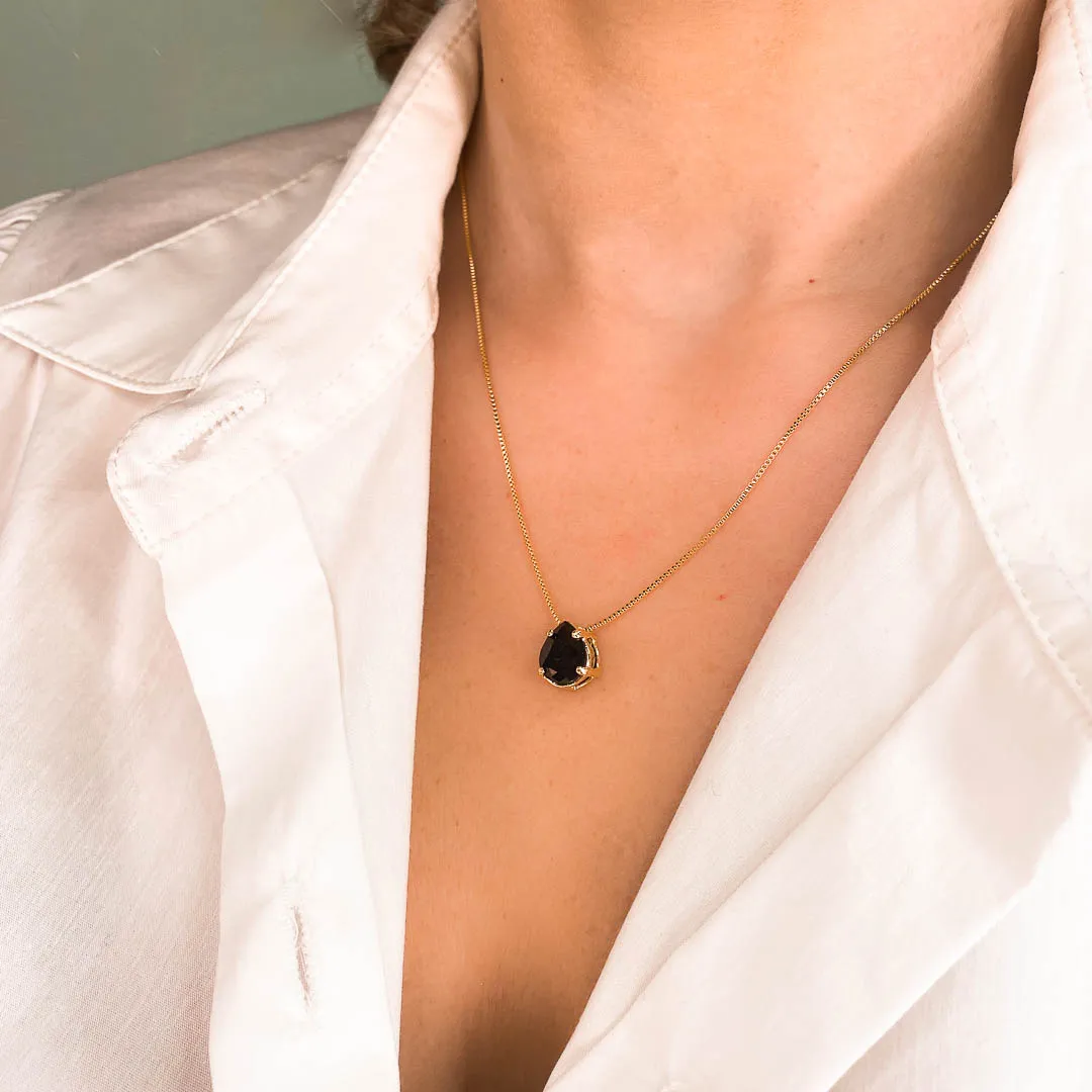 Colar Gota Zircônia Preta Banhado a Ouro 18k