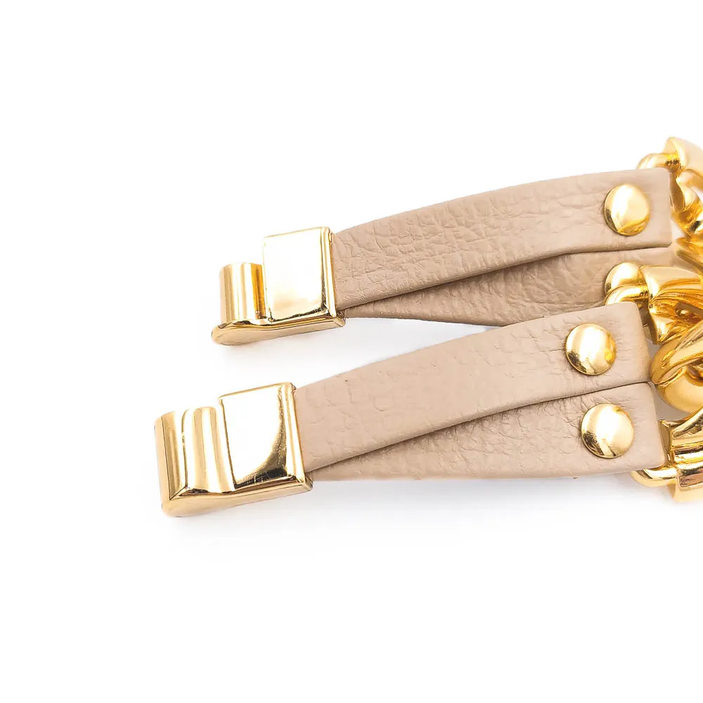 Pulseira de Couro Duplo com Correntaria Banhado a Ouro 18k