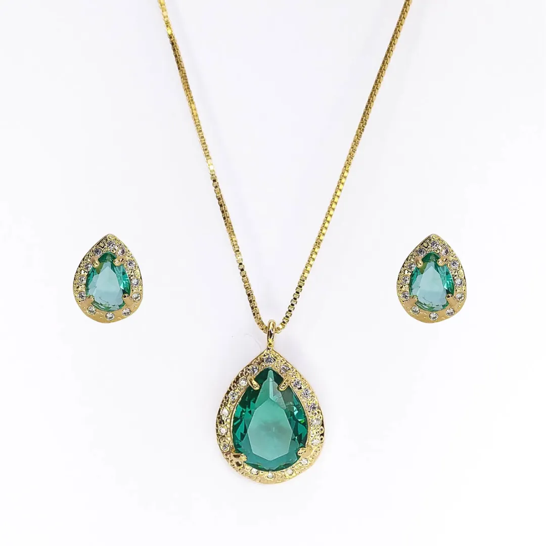 Conjunto Colar e Brinco Gota Cravejado Banhado a Ouro 18k