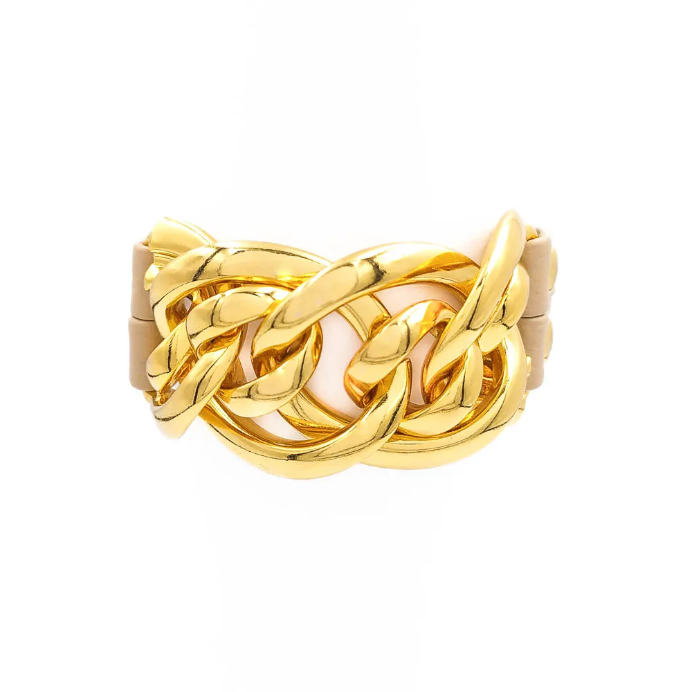 Pulseira de Couro Duplo com Correntaria Banhado a Ouro 18k